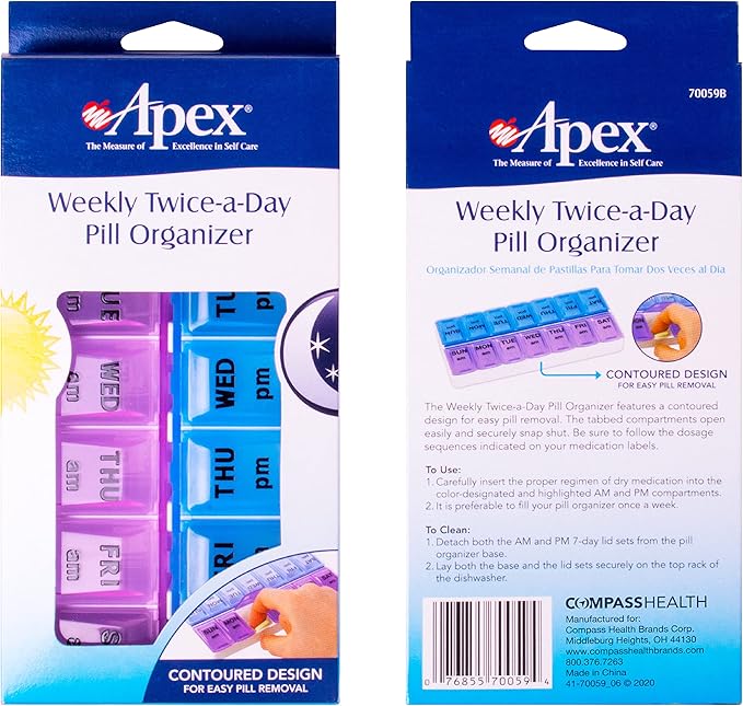 Apex Weekly AM/PM Medication Dispenser, 7-Day Twice-A-Day Pill Organizer with Easy-Open Lids (Color May Vary)