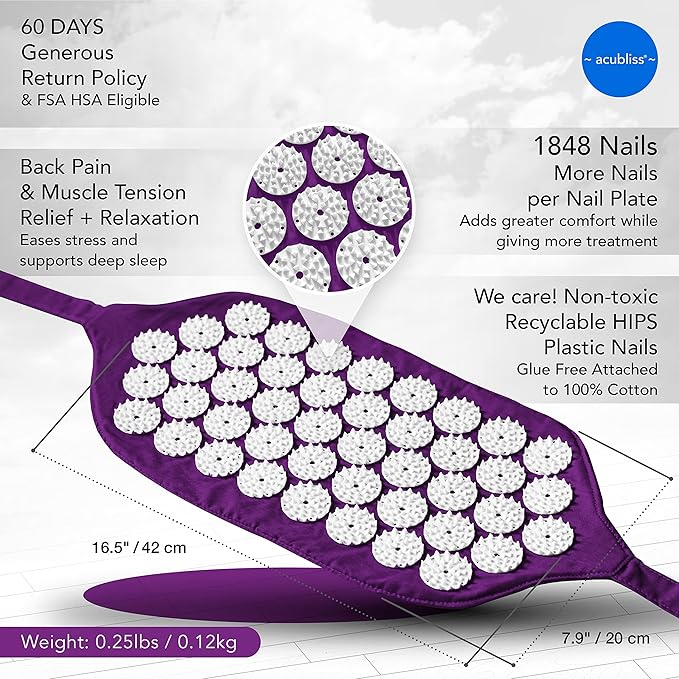 Premium Portable + Adjustable Acupressure Mat Strap, 1,848 Acupuncture Pressure Points for Pain Relief, Increased Energy, Relaxation with Drawstring Bag, 15x8", Purple
