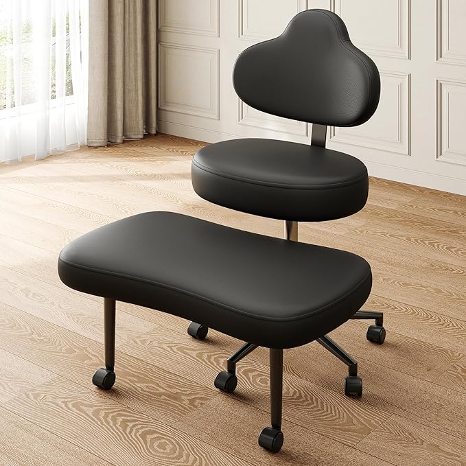 Cross Legged Office Chair with Wheels, Meditation Chair, ADHD Chair for Adults, Wider Height Adjustable Backrest and Seat, Yoga Office Chair, PU Leather, Black