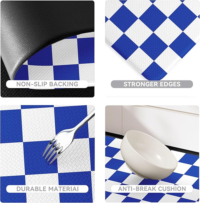 Stellar Blue Checkered Grid Checkerboard Kitchen Rug Sets [2 PCs], Anti-Fatigue, Waterproof Non-Slip Kitchen Mats Heavy Duty Comfort Foam Rug for Kitchen, Floor, Laundry,17"x29"+17"x47"