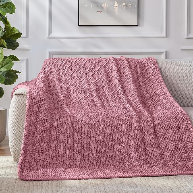 Knitted Weighted Blanket for Adult, Chunky Knit Weighted Throw for Sleep 60"*80" 15lbs, Cooling Breathable Machine Washable Heavy Blanket for Room Decor (Pink, Queen)