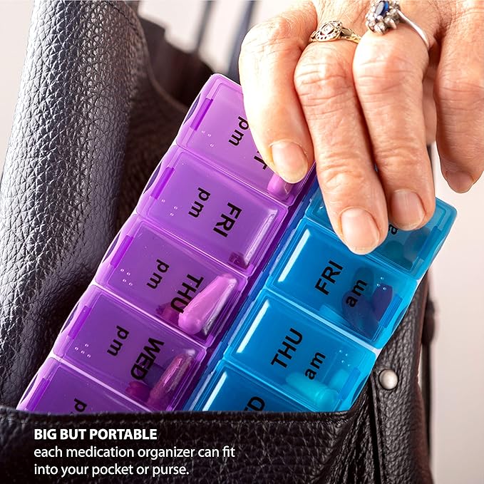 Deke Home - Pill Organizer 2 Times a Day (2 Pack), Weekly AM PM Pill Box, 7 Day Morning and Night Medicine Organizer, BPA-Free Daily Vitamin Container, Easy Open Travel Pill Case, 7.8"x3.6"x1.3"