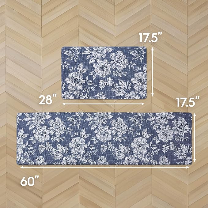 Laura Ashley - Anti-Fatigue Kitchen Mat, Iris Floral Design, Stain, Water & Fade Resistant, Cooking & Standing Relief, Non-Slip Backing, 2 Piece Set: 17.5" x 60" / 17.5" x 28" Navy Iris