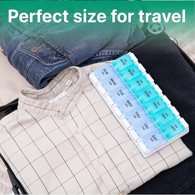 Sukuos AM PM Weekly 7 Day Pill Organizer, 2 Times A Day Pill Box with Arthritis Friendly Push Button, Medicine Cases for Vitamin/Fish Oil/Supplements, Easy to Clean (Cyan&Blue)