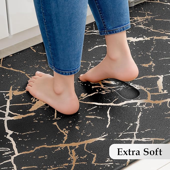 Gold Foil Stamped Marble Kitchen Mats for Floor 2PCS Cushioned Anti Fatigue Non Slip Waterproof Comfort Leather Kitchen Rugs 2/5 Inch PVC Kitchen Mats for Sink, Laundry, 17.3"x28"+17.3"x59", Black