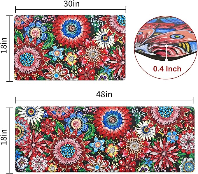 Likiyol Boho Kitchen Rugs Floral Kitchen Mats for Floor Bohemian Cushioned Anti Fatigue Mats for Kitchen Floor Non Slip Washable Kitchen Mat for Home, Sink, 18''x30''+18''x48'', Red