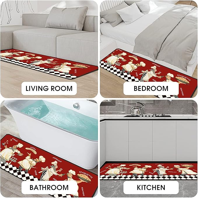 Red Fat Chef Kitchen Rugs 2 Piece Set for Floor Mat, Non Skid Washable Absorbent Microfiber Fat Chef Kitchen Mat for in Front of Sink for Standing for Home Fat Chef Kitchen Decor 17"X30"+17"X47"