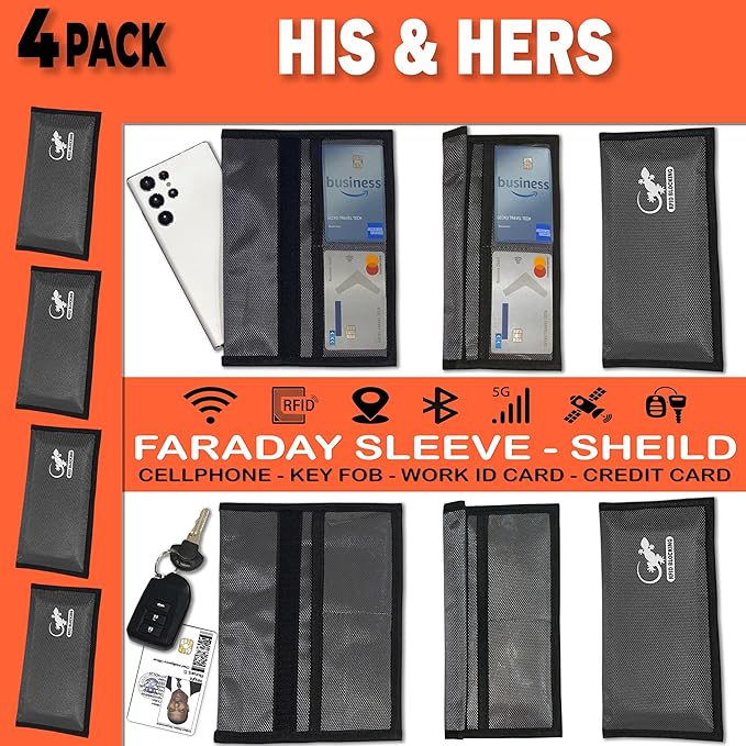 4 Faraday Bag Anti-Tracking GPS RFID Car Key Signal Blocker Wallet Shielding Pouch Protective Case for Cell Phone Car Key FOB, Data Privacy, Electronic Device Security (4 PACK - GRAY)