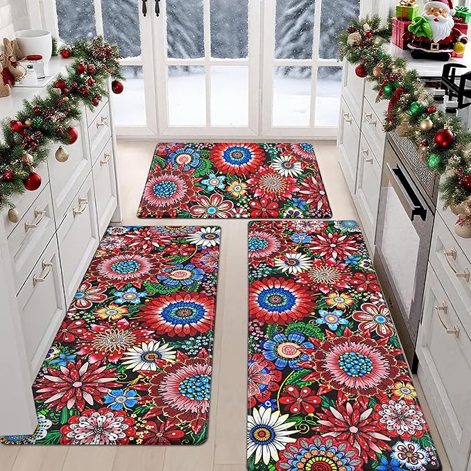 Likiyol Boho Kitchen Rugs Floral Kitchen Mats for Floor Bohemian Cushioned Anti Fatigue Mats for Kitchen Floor Non Slip Washable Kitchen Mat for Home, Sink, 18''x30''+18''x48''+18''x60'', Red