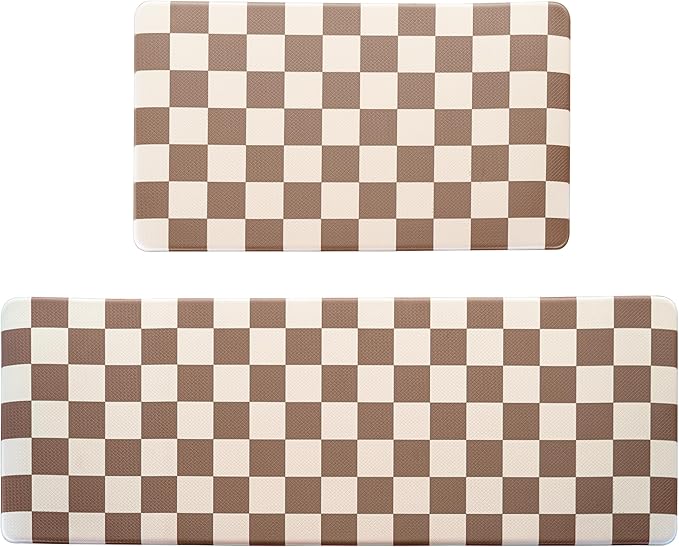 Beige Khaki Checkered Grid Checkerboard Kitchen Rug Sets [2 PCs], Anti-Fatigue, Waterproof Non-Slip Kitchen Mats Heavy Duty Ergonomic Comfort Foam Rug for Floor, Home,17"x29"+17"x47"
