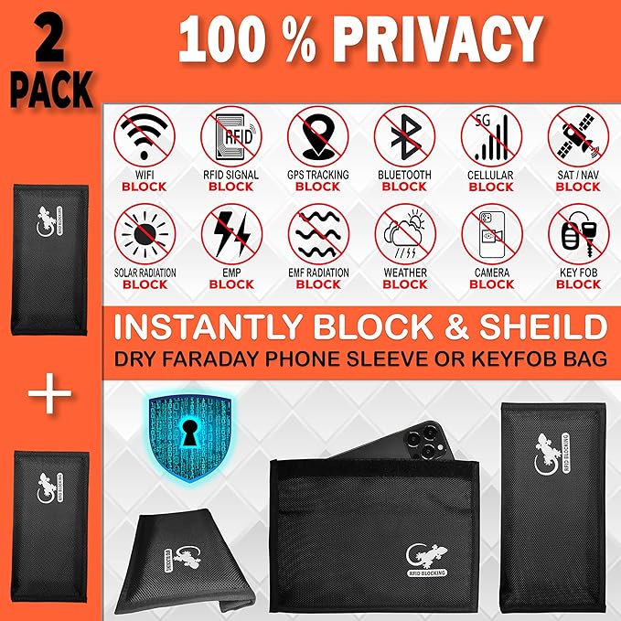 Faraday Bag Anti-Tracking GPS RFID Car Key Signal Blocker Wallet Shielding Pouch Protective Case for Cell Phone Car Key FOB, Data Privacy, Electronic Device Security (2 Pack - Pocket Black)