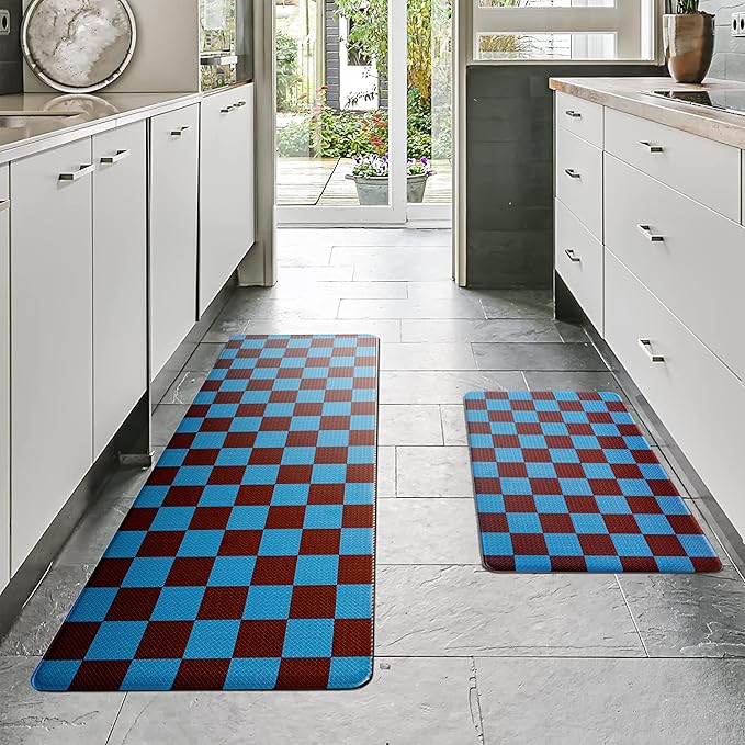 Peacock Blue Checkered Grid Checkerboard Kitchen Rug Sets [2 PCs], Anti-Fatigue, Waterproof Non-Slip Kitchen Mats Heavy Duty Ergonomic Comfort Foam Rug for Floor, Home,17"x29"+17"x47"
