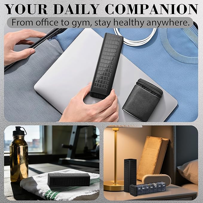 Weekly Pill Organizer 7 Day, Discreet Leather Pill Case for Purse or Pocket, Easy Slide-Out Daily Medication Planner, 1 Time a Day Travel Vitamin and Supplement Holder (Black)