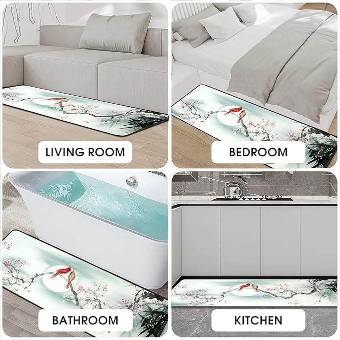 Cardinal Kitchen Rugs 2 Piece Set for Floor Mat, Rug With Birds Non Skid Washable Absorbent Cardinal Kitchen Mat for in Front of Sink for Standing for Home Cardinal Kitchen Decor 17"X30"+17"X47"