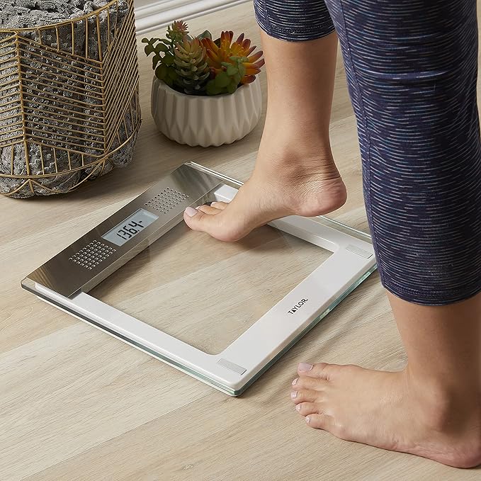 Taylor Precision Products Digital Bathroom Talking Scale, 5 Languages, Scales Body Weight, White Scale Clear Glass Stainless Steel Accents, 440 LB Capacity, Clear Stainless Steel Accents (5294756)