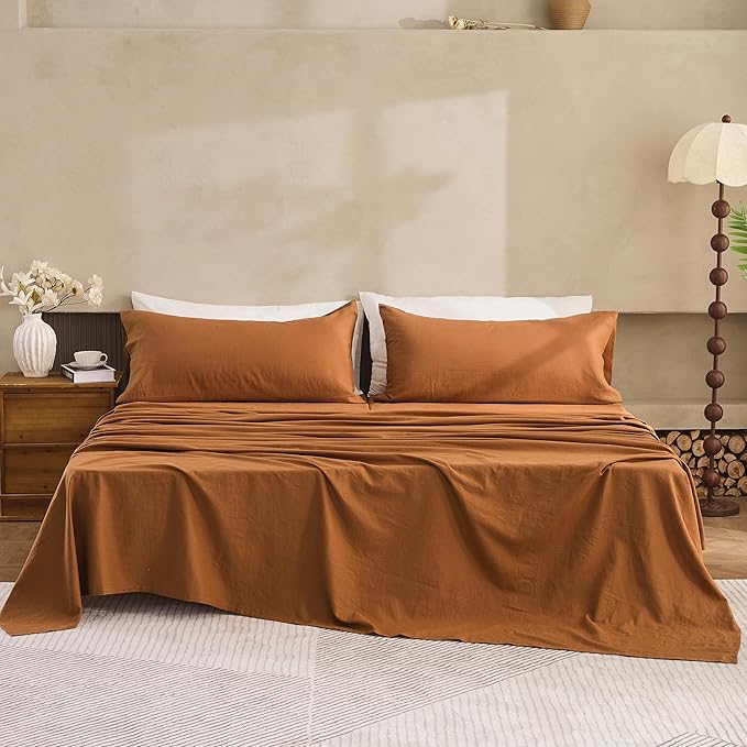 Simple&Opulence Belgian Linen Sheet Set Solid Color - 5 Pieces (1 Flat Sheet, 2 Fitted Sheets & 2 Pillowcases) Natural Flax Cotton Blend Soft Breathable Farmhouse Bedding - Split King Size, Rust