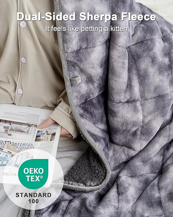 Ultra-Soft Weighted Blanket 15 lbs for Adults, Plush Sherpa Fleece Reversible Weighted Throw Comfort for Relaxation & Cozy Evenings, Hug-Like Security, Evenly Distributed, W60 x L80, Tie-Grey