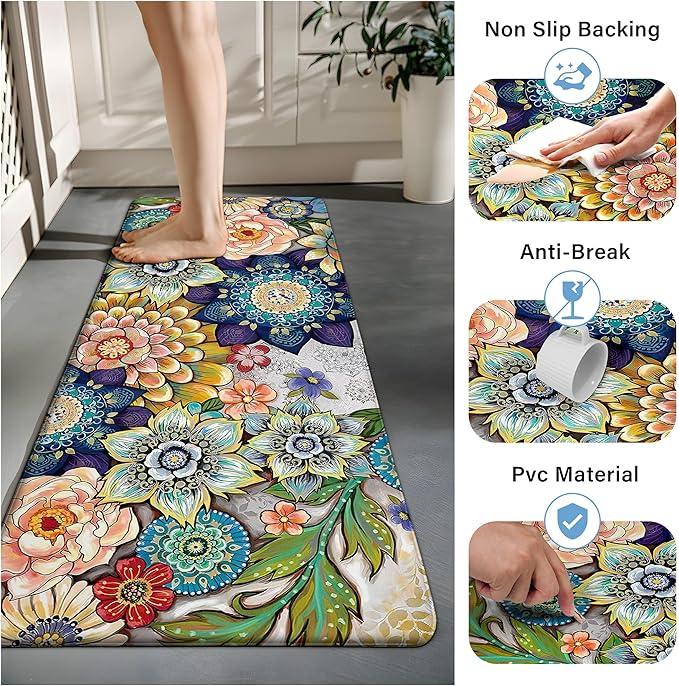 Floral Kitchen Rug Mat for Floor Boho Cushioned Anti-Fatigue Mat Non-Slip Standing Desk Waterproof Comfort Floor Mat for Sink, Office, Laundry, 17.3x28 Inch