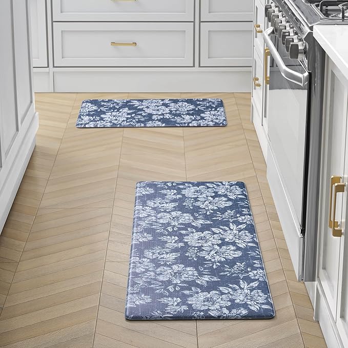 Laura Ashley - Anti-Fatigue Kitchen Mat, Iris Floral Design, Stain, Water & Fade Resistant, Cooking & Standing Relief, Non-Slip Backing, 2 Piece Set, Navy Iris