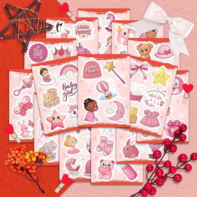 100Pcs Baby Girl Stickers for Shower, Scrapbooking - Newborn Stickers - Baby Girl Shower Party Supplies & Decoration, Gifts