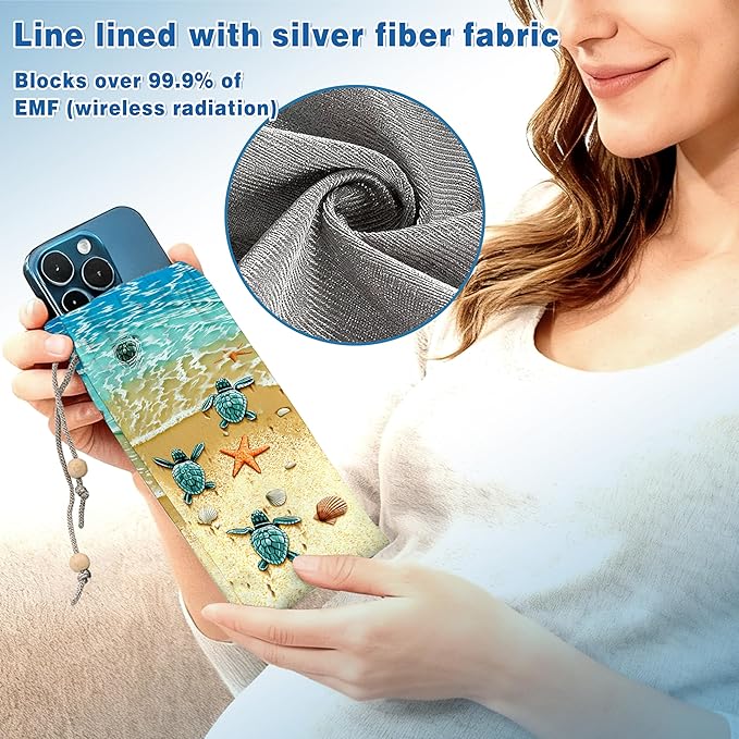 EMF Shield Sleeve for Cell Phone Reduce Signal Anti-EMP Pouch Against Radiation, EMF, 5G, RFID Blocking 4x8 Inch Beach Sea Turtle Phone Sleeve Bags
