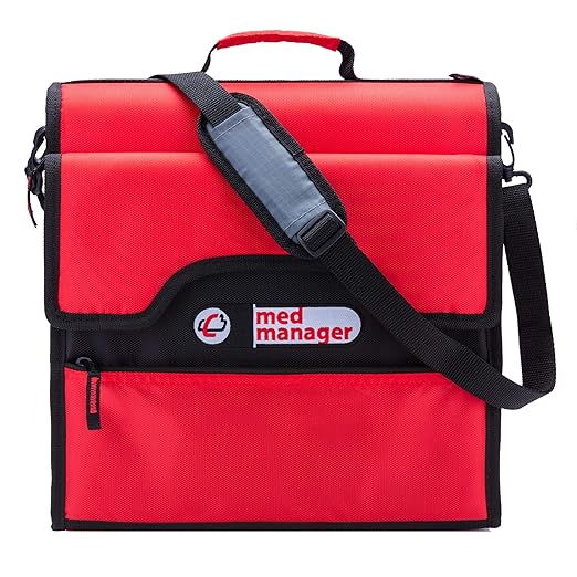 Med Manager Medicine Organizer and Portable Medical Binder, Holds (15) Pill Bottles - (11) Standard Size and (4) Large Bottles, Includes Removable 5-Tab File Folder, Red, 14 x 14 x 4 inches
