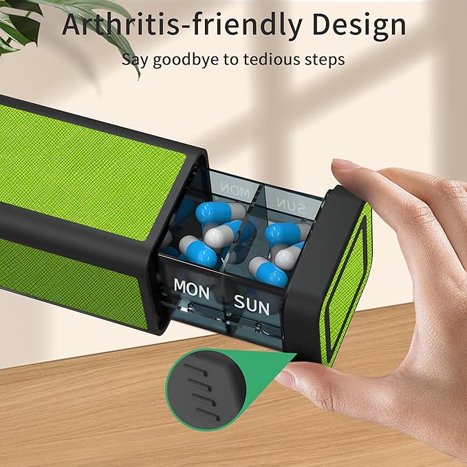 Weekly Pill Organizer 7 Day, Discreet Leather Pill Case for Purse or Pocket, Easy Slide-Out Daily Medication Planner, 1 Time a Day Travel Vitamin and Supplement Holder (Green)