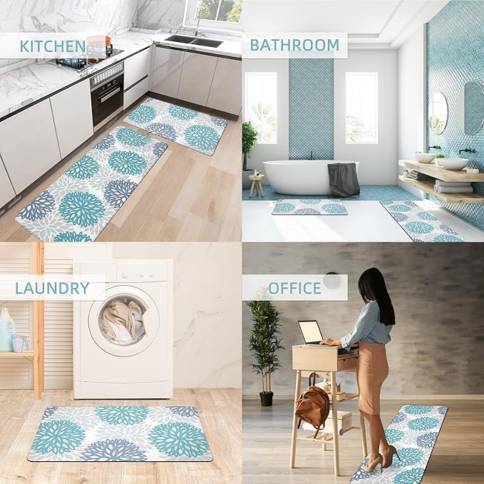 Anti Fatigue Kitchen Runner Rug Mats, Long Cushioned Memory Foam Non Slip Waterproof Kitchen Mat for Floor, Comfort Floral Standing Desk Mat for Sink, Laundry, Office, 17.3"x59"