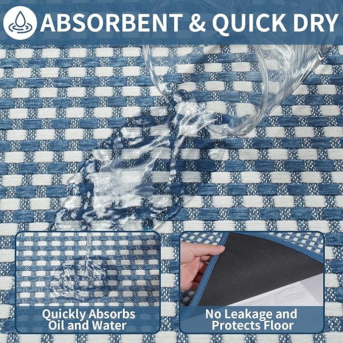 Kitchen Rugs Non Slip Washable, Rubber Backing Soft Chenille Braided Kitchen Mats for Floor, Super Absorbent Kitchen Runner Rug Standing Mat Sink Mat, Easy to Clean, Blue 17"x47"