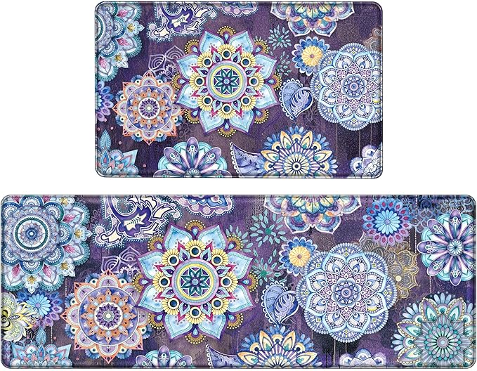 Boho Purple Floral Kitchen Rugs Mats for Floor 2 Piece Memory Foam Padded Kitchen Mats Anti Fatigue Non Slip Cushioned Comfort Standing Mat, 17.3x28+17.3x47 Inch