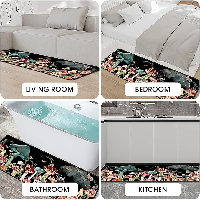 Mushroom Kitchen Rugs 2 Piece Set for Floor Mat, Non Skid Washable Absorbent Microfiber Mushroom Kitchen Mat for in Front of Sink for Standing for Home Mushroom Kitchen Decor 17"X30"+17"X47"