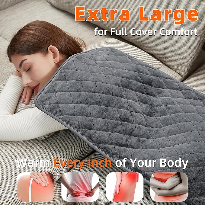 33''x17'' Extra Large Heating Pad for Back&Cramps Relief, XL Electric Heating Pads for Neck Shoulder Pain Relief Heat Pad Upgraded 6 Heat Settings, 4 Timer Options Auto Shut-Off Machine Washable Gray