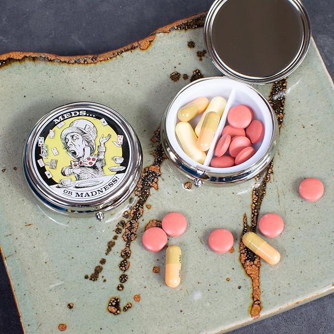 The Unemployed Philosophers Guild Mad Hatter Pill Box - Alice in Wonderland Themed 1 or 2 Compartment Compact Medicine Case, Pocket Pills Organizer