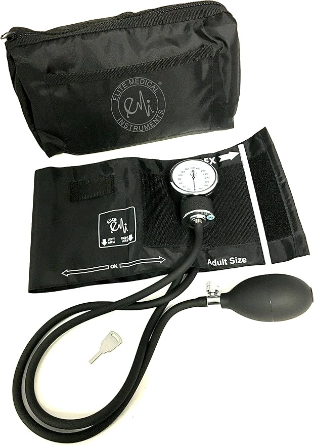 EMI Black Deluxe Professional Aneroid Sphygmomanometer with Self Calibration Key Manual Blood Pressure Monitor Set with Adult Cuff and Carrying Case