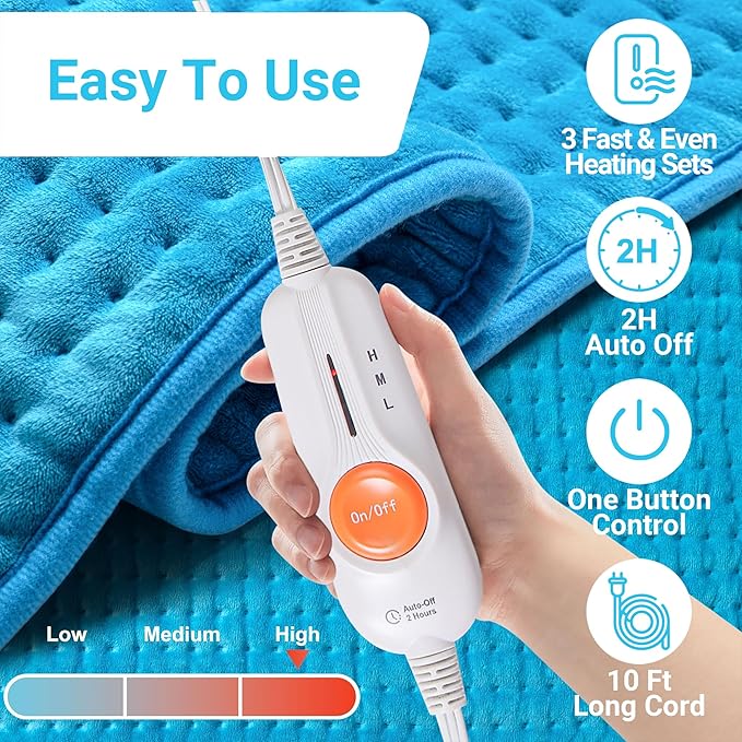 Boileau Electric Heating Pad for Back Pain and Period Cramps Relief, 17"x33" Extra Large XXXL, 3 Heating Levels Heat Pad with 2-Hour Auto Shut Off, Gifts for Women and Mom, Blue