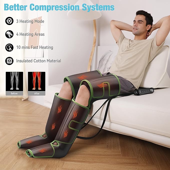 QUINEAR Leg Massager for Circulation and Pain Relief, Foot and Leg Compression Massager with Heat 2 Extender 3Heat 3Mode 3Intensity Calf Massager for Cramps Edema Swelling, FSA-HSA Eligible