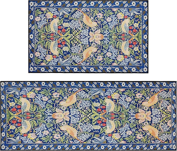 Blue Kitchen Rug Sets of 2, Vintage Floral Kitchen Mats for Floor Non Slip, Washable Cushioned Boho Bird Runner Rug for Kitchen Floor Laundry Desk Sink 17”x30“+17''x47''