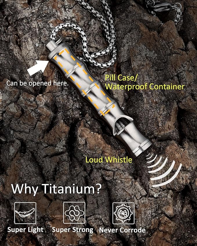 Titanium Pill Holder Necklace Whistle Mini Keychain Nitro Pill Case Loud Emergency Whistle for EDC Safety Backpacking Survival Hiking Camping Pets Training