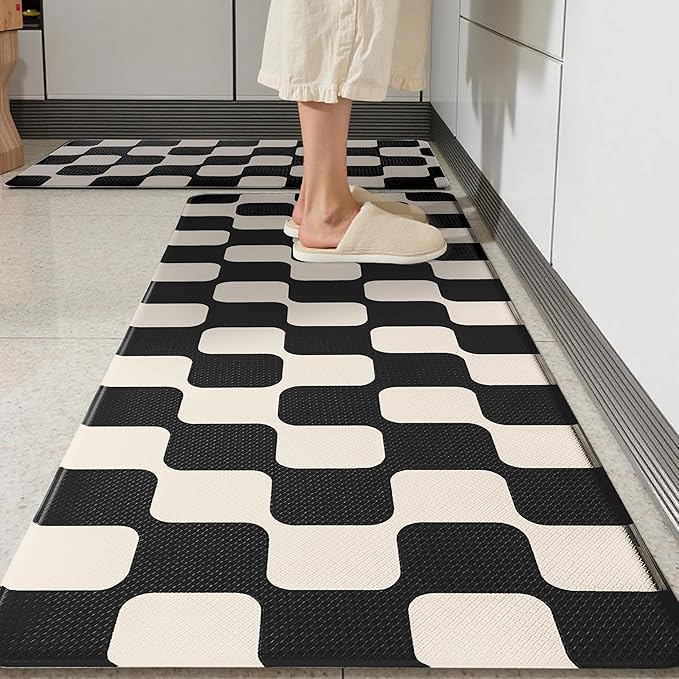 Black Beige Retro Curvy Checkered Grid Checkerboard Kitchen Rug Sets [2 PCs], Anti-Fatigue, Waterproof Non-Slip Kitchen Mats Heavy Duty Comfort Foam Rug for Floor, Home, Laundry,17"x29"+17"x47"