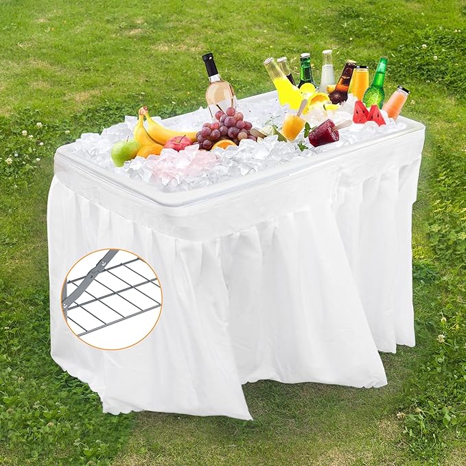 Allpop 4 Foot Folding Ice Cooler Table with Matching Skirt, Portable Patio Table with Grid Rack & Drain Hose for Party Bar Picnic BBQ Camping Wedding, White
