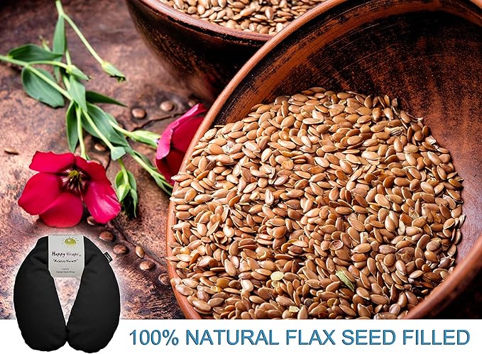 Microwavable Unscented Flax Seed Neck Wrap & Free Sleep Eye Mask - Hot Cold Heating Pad for Shoulder & Neck Pain Relief Pillow - Stress & Migraine Relief - Heat or Freeze - Black