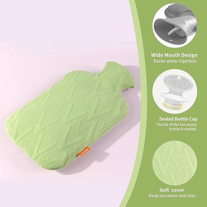 samply Hot Water Bottle with Cover, 2L Hot Water Bag for Hot and Cold Compress, Hand Feet Warmer, Neck and Shoulder Pain Relief, Light Green