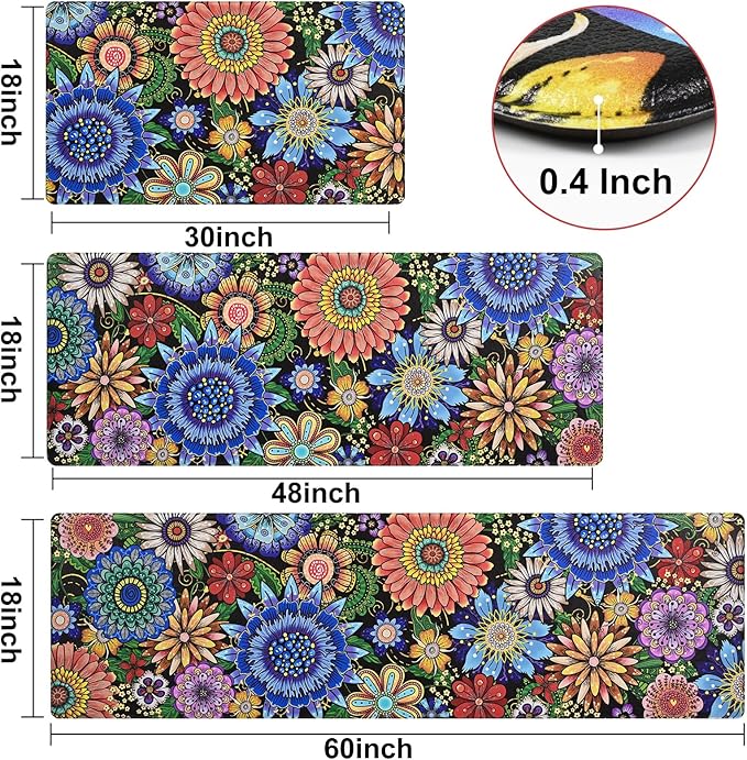 Likiyol Boho Kitchen Rugs, Boho Floral Anti Fatigue Kitchen Mat for Floor, Bohemian Flowers Non Slip Washable Kitchen Floor Mats, Comfort Standing Mat, 18''x30''+18''x48''+18''x60''