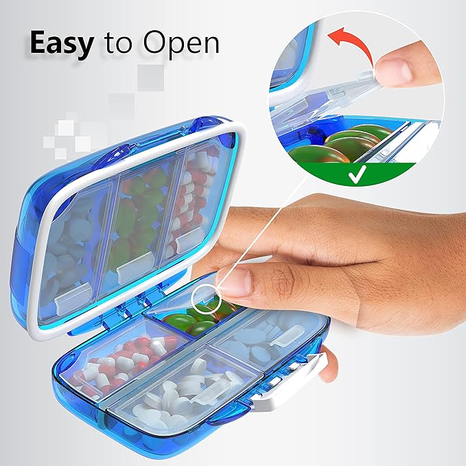 Travel Pill Organizer - Moisture Proof Portable Vitamin Holder with 7 Compartments, Compact Supplement Case for Purse Essential Medicine Kit fot Traveling Pocket Pharmacy with Labels, Blue