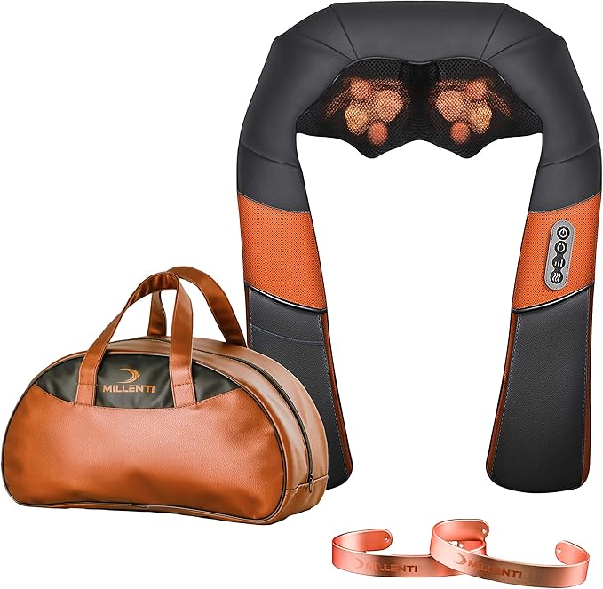 Millenti Shiatsu Back Neck Massager with Heat & Magnetic Healing Copper Bracelets - Pain Relief Deep Tissue 3D Kneading Shoulder Massagers - Up to 5.8” Tall, Black Copper, CHBNSM