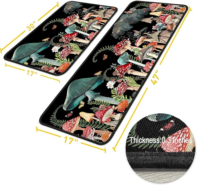 Mushroom Kitchen Rugs 2 Piece Set for Floor Mat, Non Skid Washable Absorbent Microfiber Mushroom Kitchen Mat for in Front of Sink for Standing for Home Mushroom Kitchen Decor 17"X30"+17"X47"