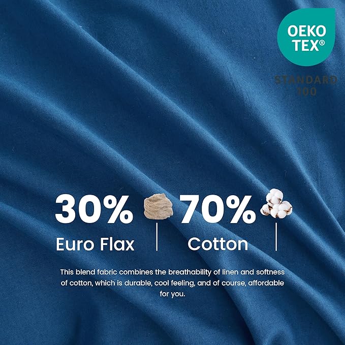 Simple&Opulence Belgian Linen Sheet Set Solid Color - 6 Pieces (1 Flat Sheet & 1 Fitted Sheet & 4 Pillowcases) 16" Deep Pocket Natural Flax Cotton Blended Soft Bedding - Navy Blue, King Size