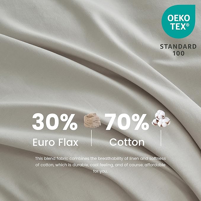 Simple&Opulence Belgian Linen Sheet Set Solid Color - 6 Pieces (1 Flat Sheet & 1 Fitted Sheet & 4 Pillowcases) 16" Deep Pocket Natural Flax Cotton Blended Soft Bedding - Khaki Grey, California King