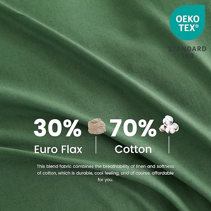 Simple&Opulence Belgian Linen Sheet Set Solid Color - 6 Pieces (1 Flat Sheet & 1 Fitted Sheet & 4 Pillowcases) 16" Deep Pocket Natural Flax Cotton Blended Soft Bedding - Forest Green, California King