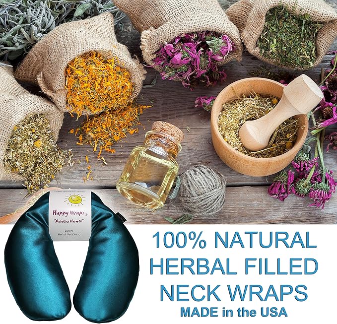 Microwavable Herbal Neck Wrap - Hot Cold Aromatherapy Neck Warming Pillow - Heating Pad for Migraines, Stress, Gifts for Women, Birthdays, Christmas and Free Sleep Mask - AuqaBlue Satin